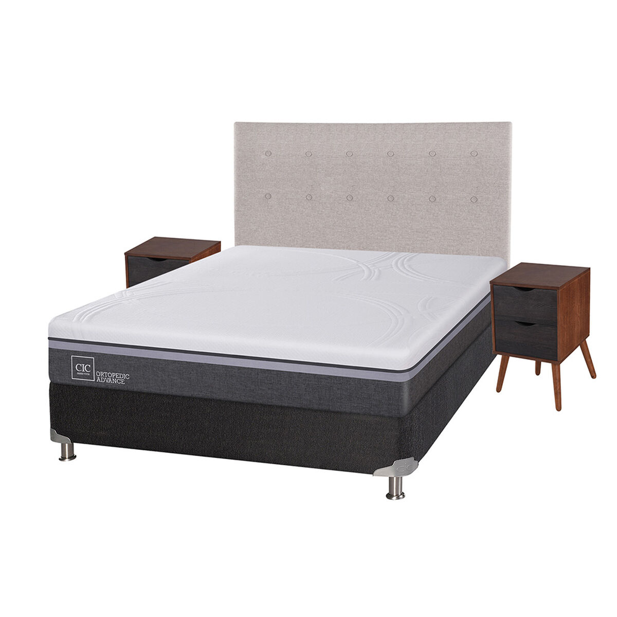 Box Spring CIC 2 Plazas Ortopedic Advance + Respaldo + 2 Veladores Tigris