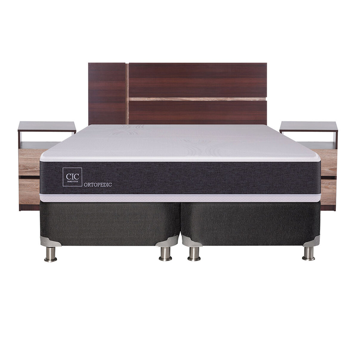 Box Spring CIC Base Dividida King Ortopedic + Respaldo + 2 Veladores