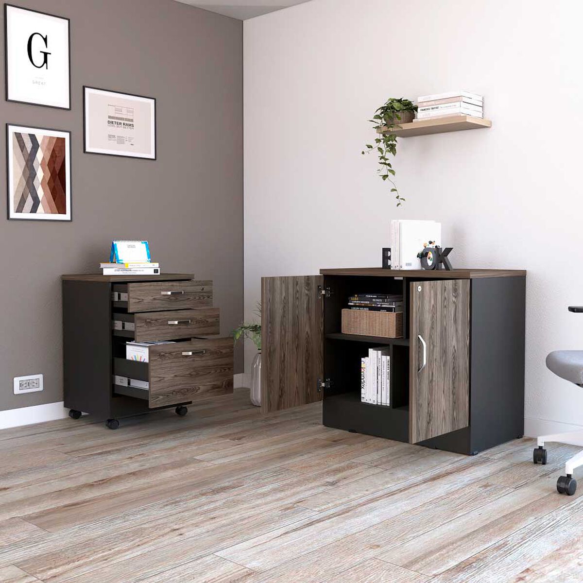 Combo Archivador 3 Cajones + Cajonera 2 Puertas TuHome Home Office Negro Soft-Coñac