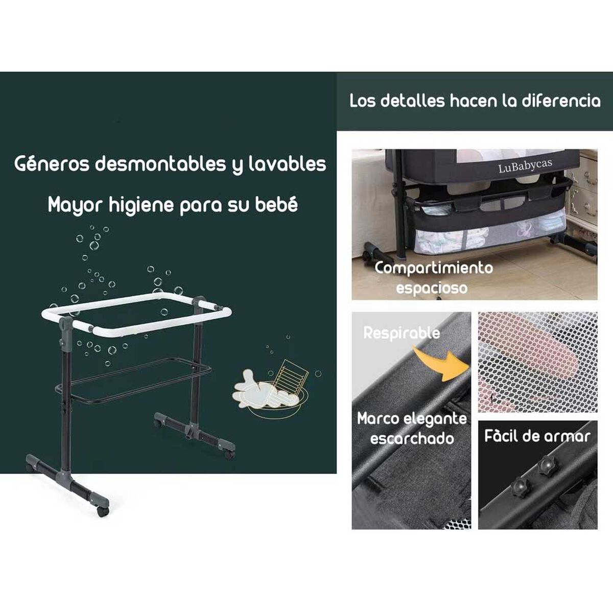 Cuna Colecho con Mudador y Accesorios Lubabycas Gris