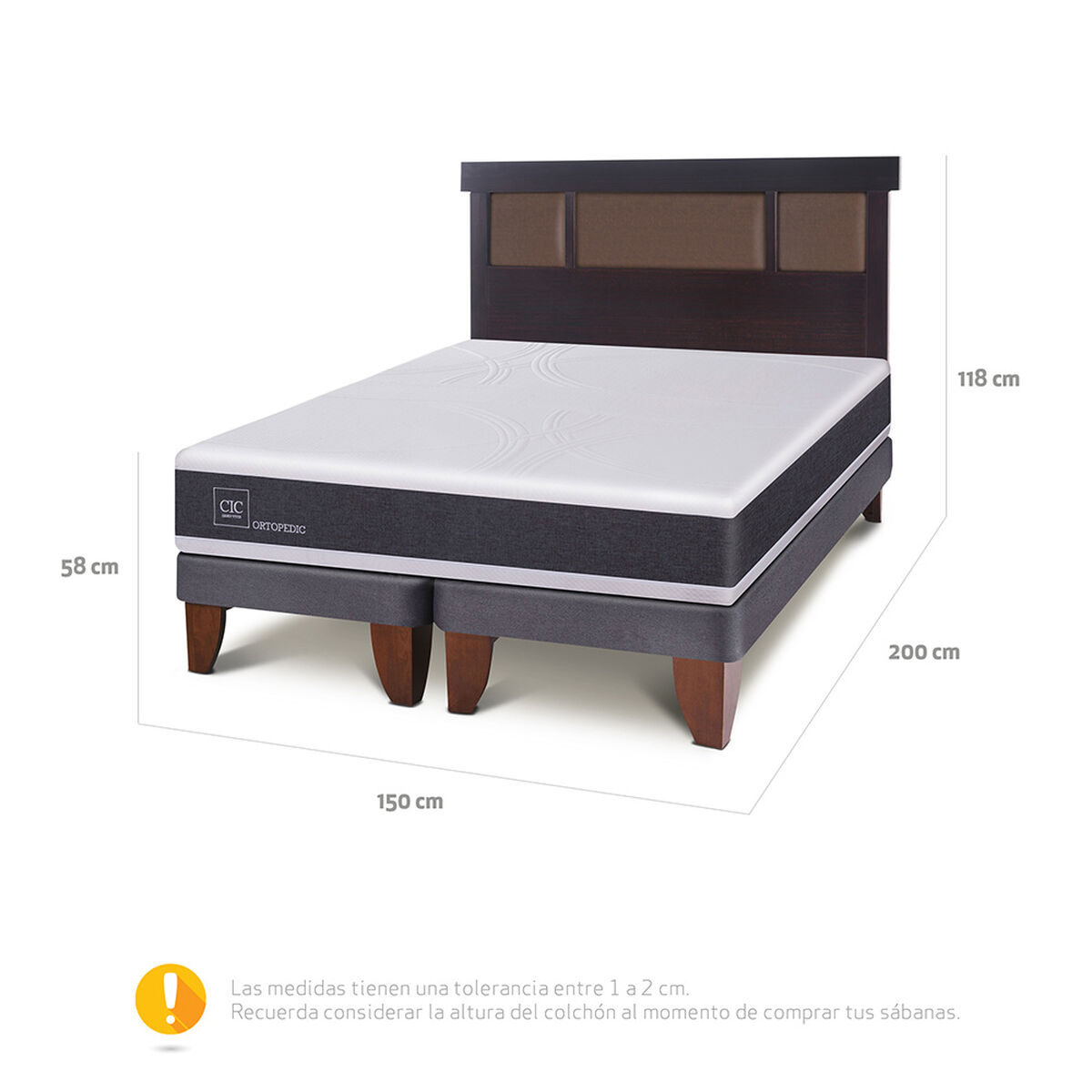 Cama Europea CIC Base Dividida 2 Plazas New Ortopedic + Respaldo Dublin Chocolate