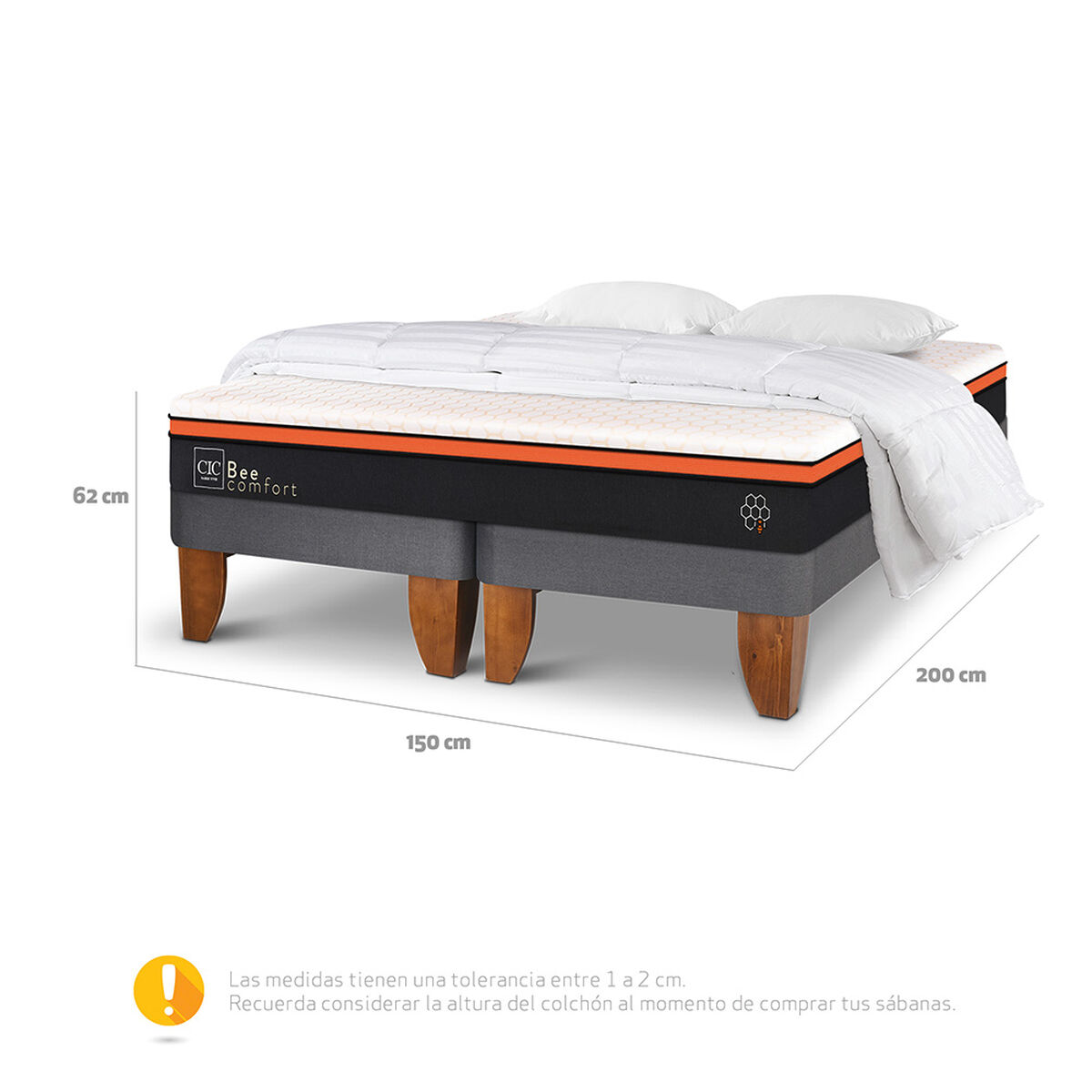 Cama Europea CIC Base Dividida 2 Plazas Bee Comfort + Almohadas + Plumón