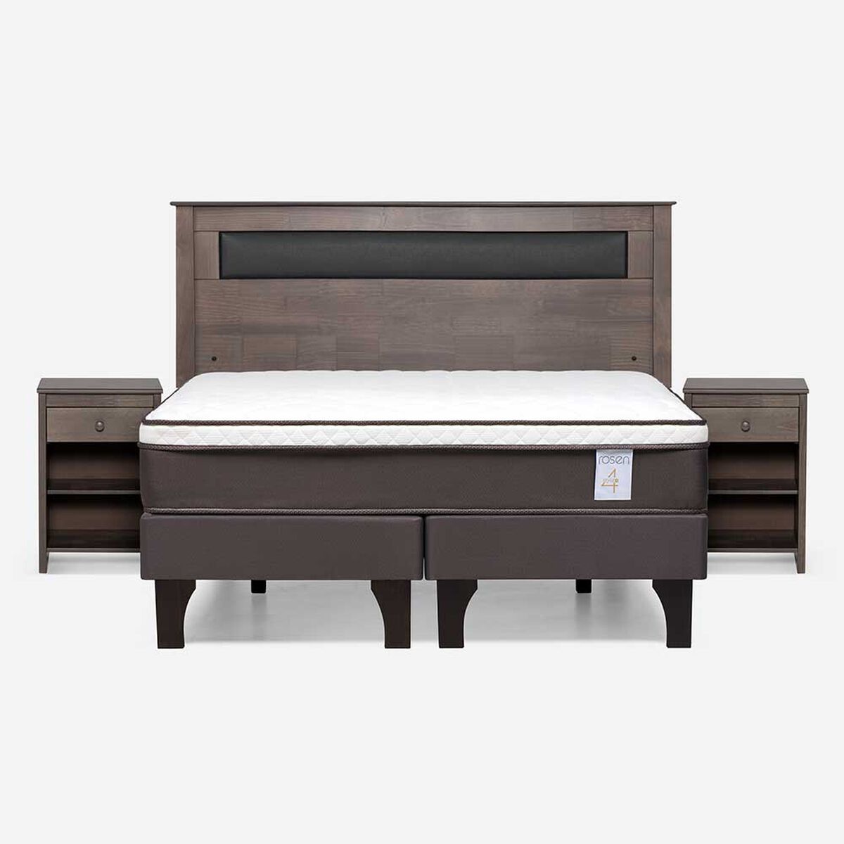 Cama Europea Rosen Base Dividida 2 Plazas New Style 4 Plus + Respaldo Ferrera Gris + 2 Veladores