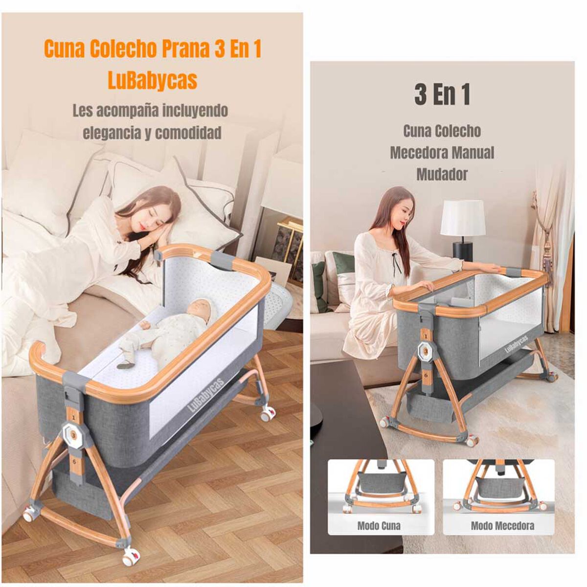 Cuna Colecho Mecedora 3 en 1 LuBabycas Rosada