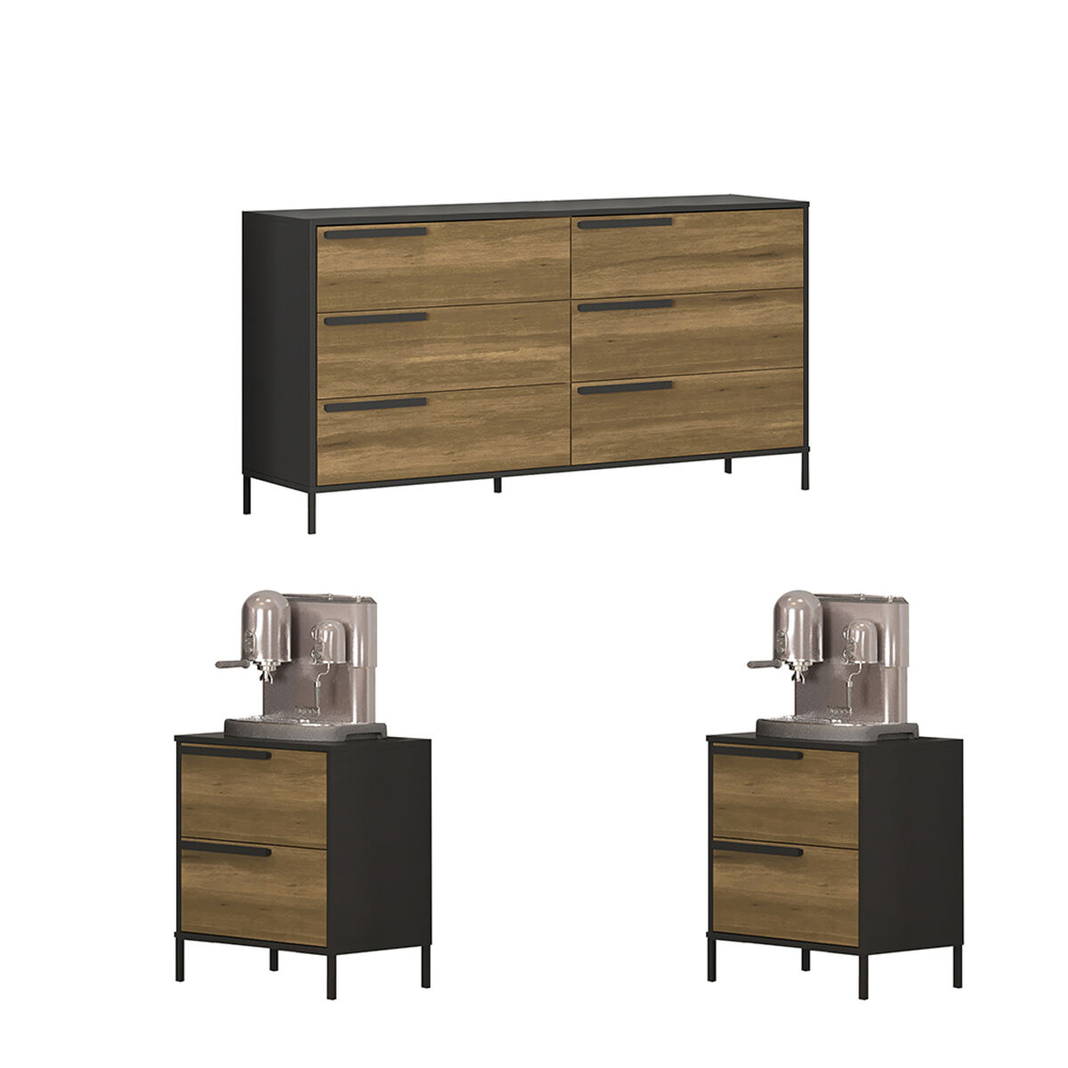 Set Maderas Francis Cómoda + 2 Veladores Negro