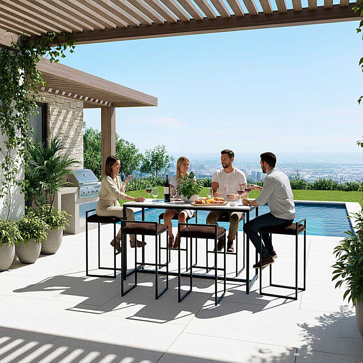 Juego Comedor Terraza Mons Barcelona Cuarzo + 6 Sillas Chocolate