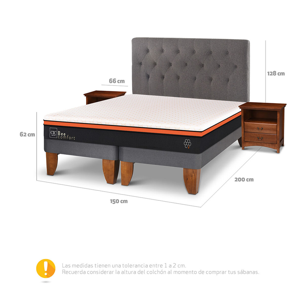 Cama Europea CIC Base Dividida 2 Plazas Bee Comfort + Respaldo + 2 Veladores