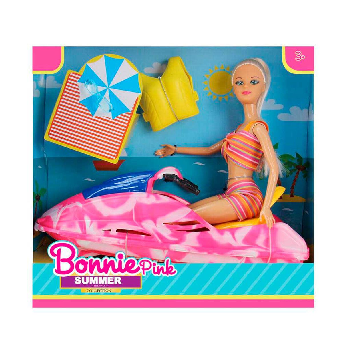 Mu&ntilde;eca de verano de 29 cm con moto de agua Boonie Pink