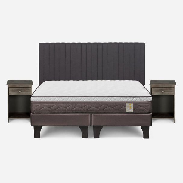 Cama Europea Rosen 2 Plazas New Style 4 + Respaldo + 2 Veladores Grafito
