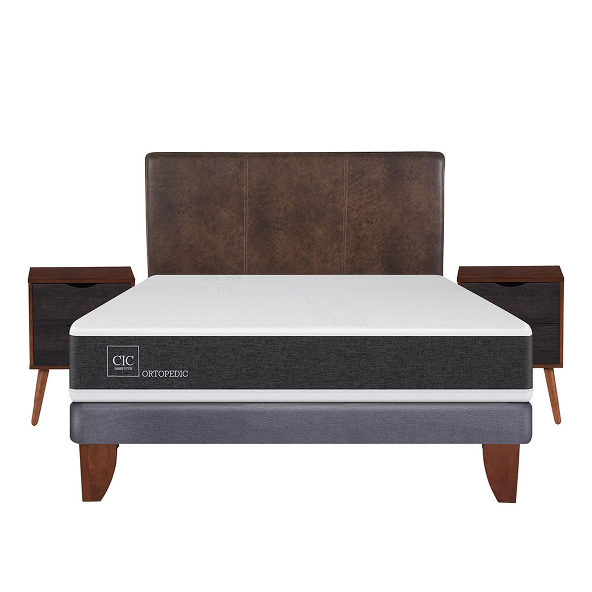 Cama Europea CIC 2 Plazas Ortopedic + Respaldo + 2 Veladores Baker