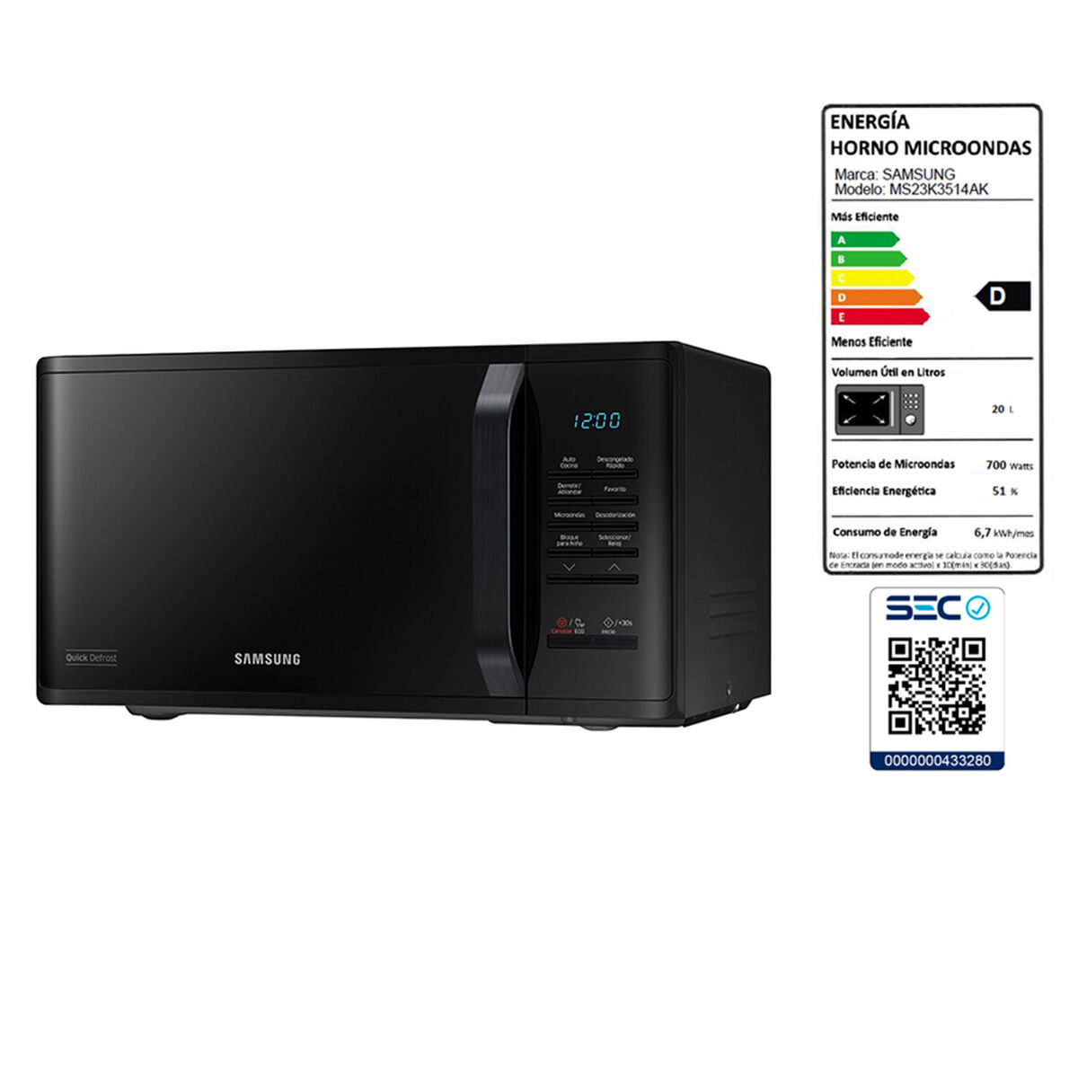 Microondas Samsung MS23K3514AK/ZS 23 lts.
