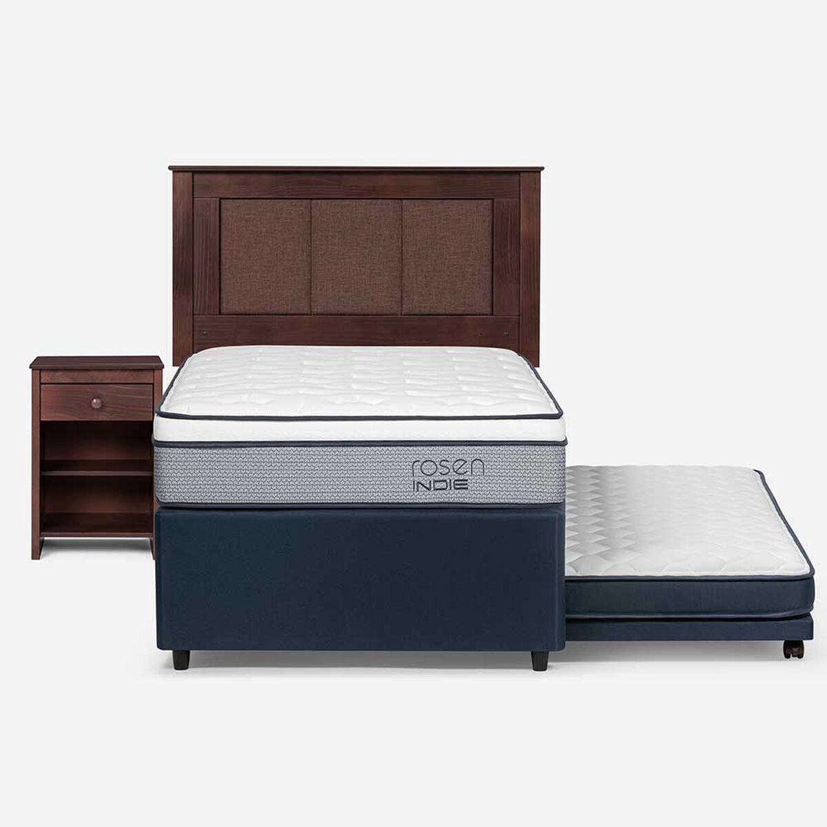 Cama Nido Rosen 1,5 Plazas Indie + Respaldo + Velador Rachel
