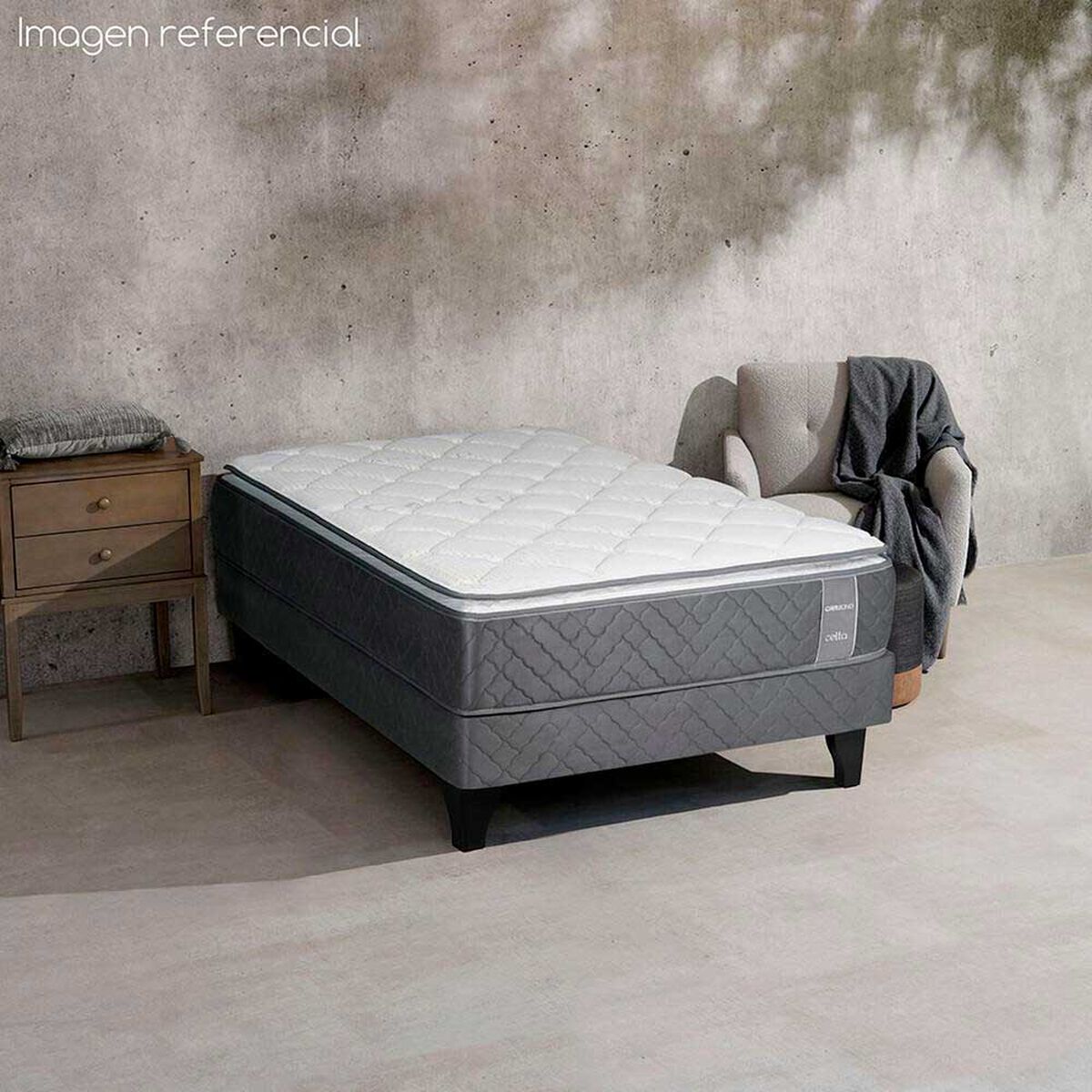 Cama Europea Celta 1,5 Plazas Carbono + Respaldo + Velador Castilla