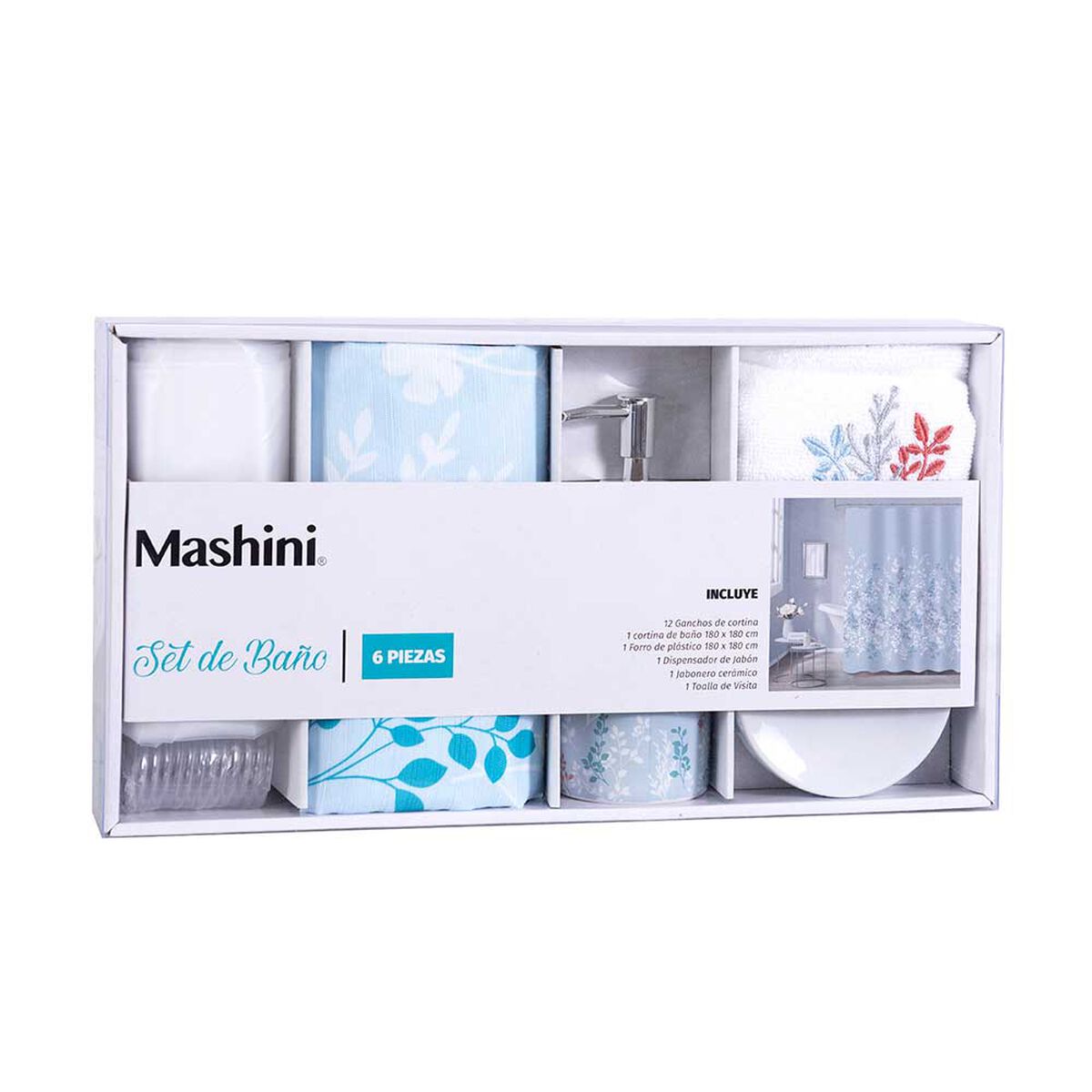 Set Cortina de Baño 6 Piezas Mashini Choapa Multicolor