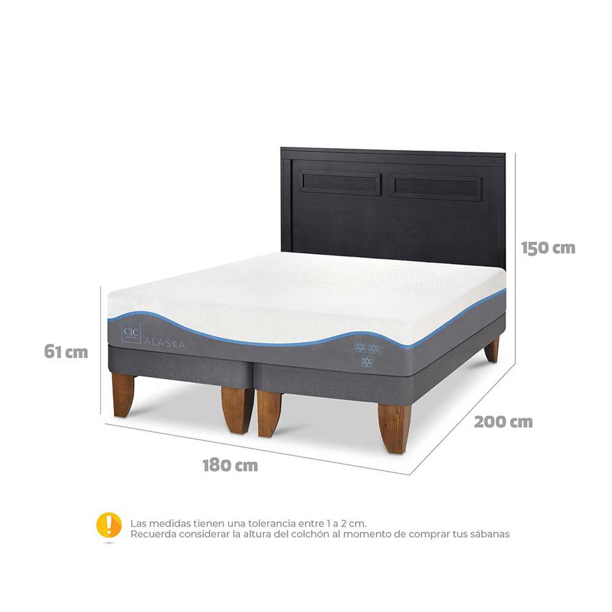 Cama Europea CIC Base Dividida King Alaska + Respaldo Milan Negro