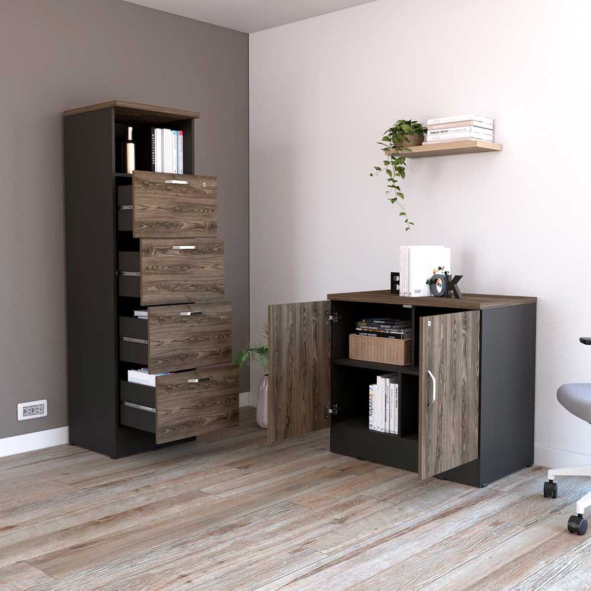 Combo Archivador Alto 4 Cajones + Cajonera 2 Puertas TuHome Home Office Negro Soft-Co&ntilde;ac