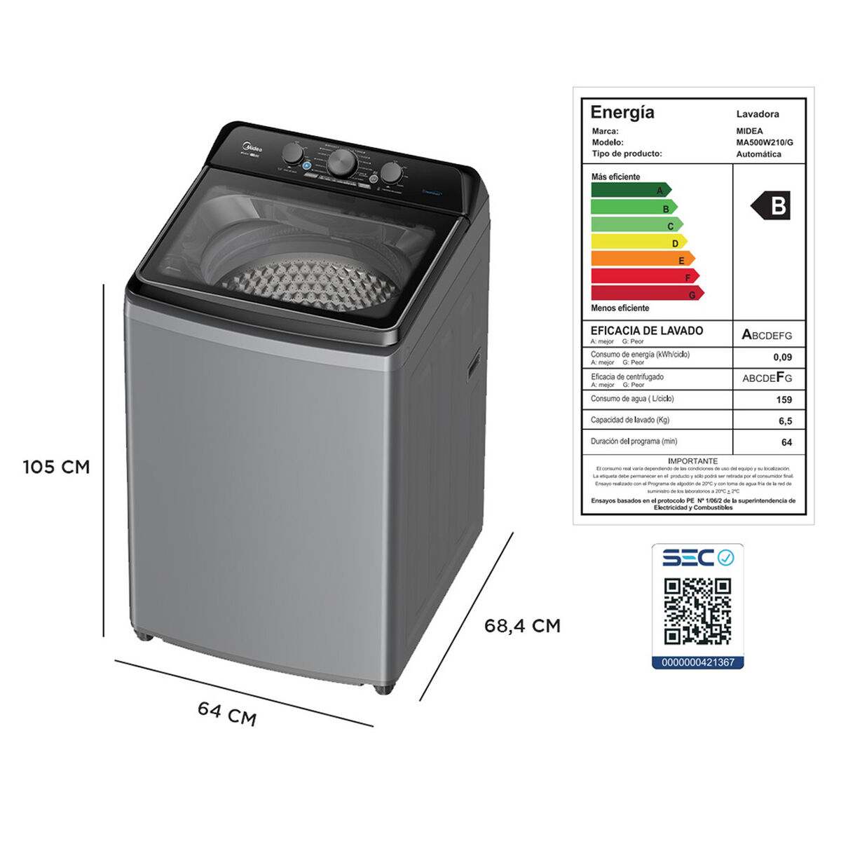 Lavadora Automática Midea MA500W210/G 21 kg.