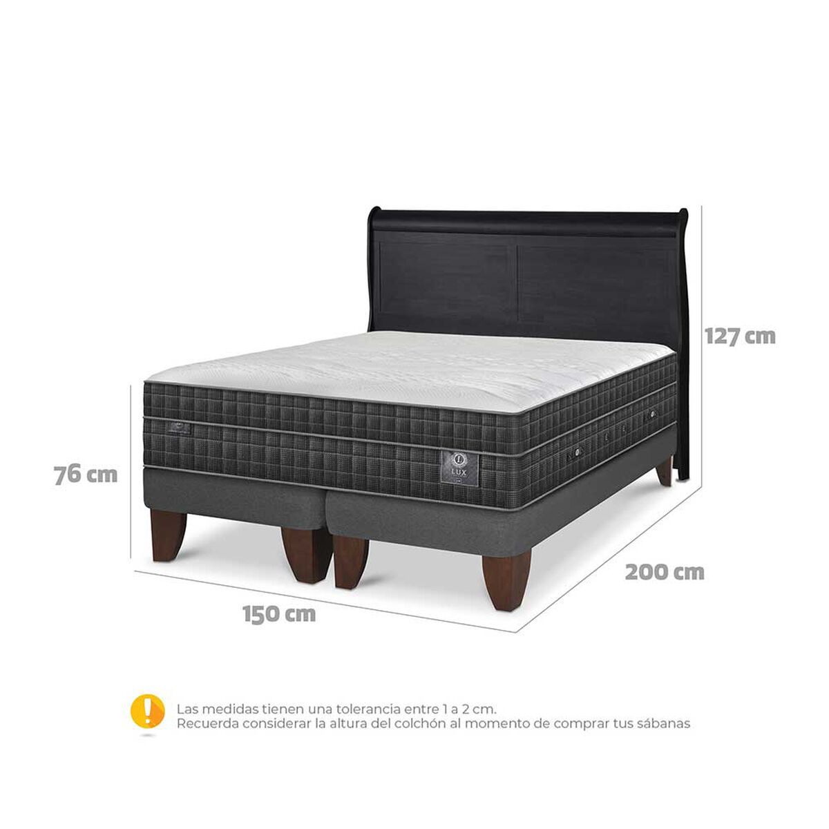 Cama Europea CIC Base Dividida 2 Plazas Lux + Respaldo Miro Negro