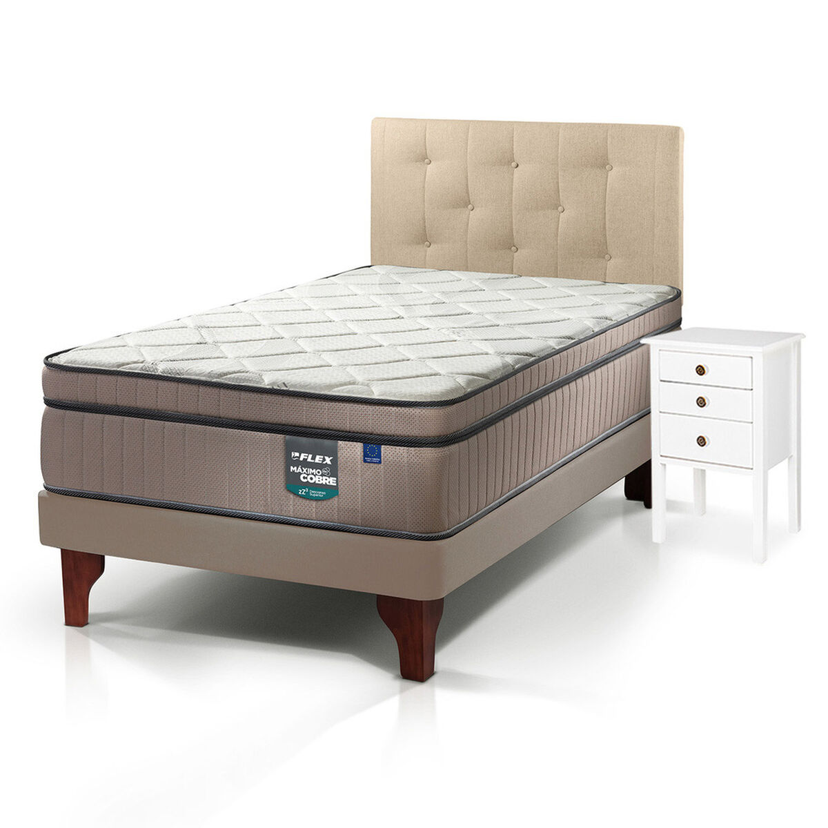Cama Europea Arena M&aacute;ximo Cobre 1.5 Plazas + Respaldo Almendra + Velador Roma