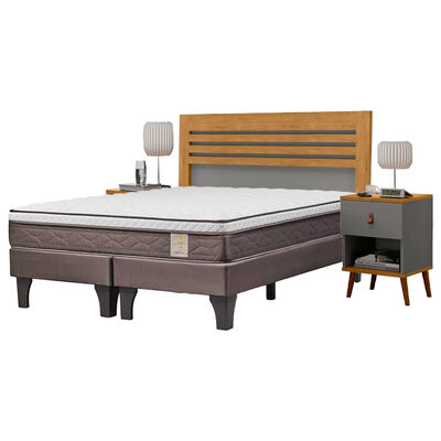 Combo Cama Europea Rosen Base Dividida 2 Plazas New Style 4 Plus + Respaldo + 2 Veladores Casanova 2 Plazas Naturale Gris
