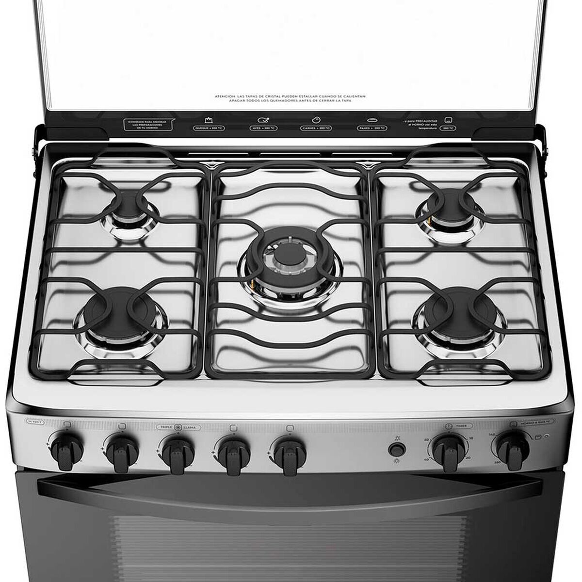 Combo Cocina a Gas Mademsa M 920 T 5 Quemadores + Set 2 Mugs Zibel MG-0476 Blanco Negro + Juego de Cubiertos Casanova K-1050 16 Piezas + Set 6 Utensilios de Cocina Casanova T4043-3A Negro