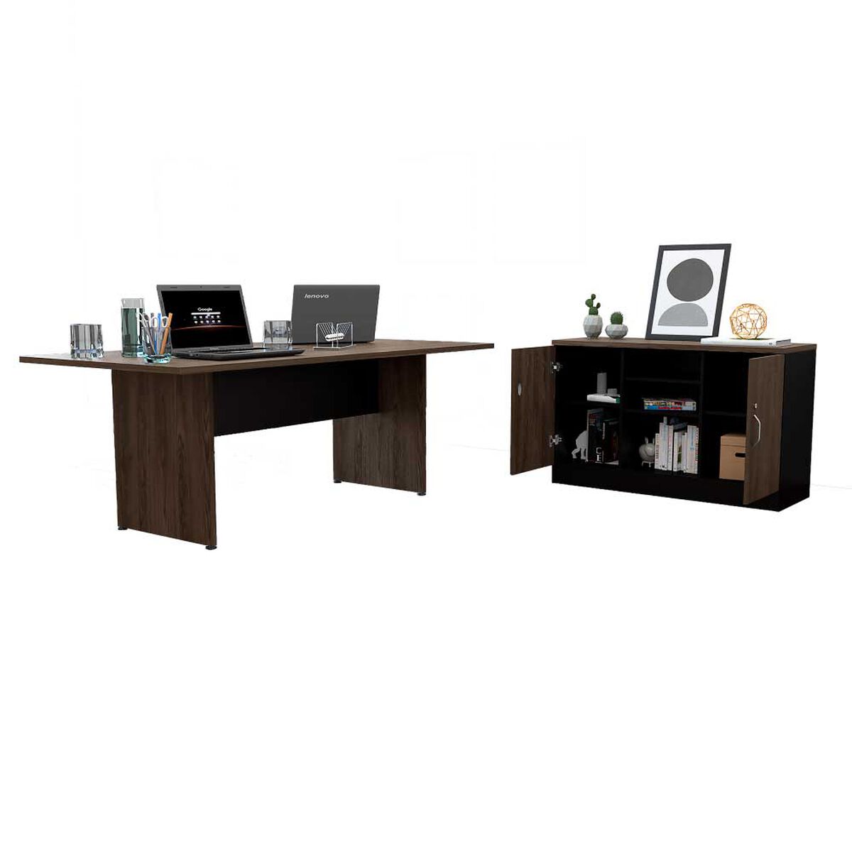 Combo Mesa de Reuni&oacute;n M-200 + Gabinete Home Office  Negro Soft Co&ntilde;ac Tuhome