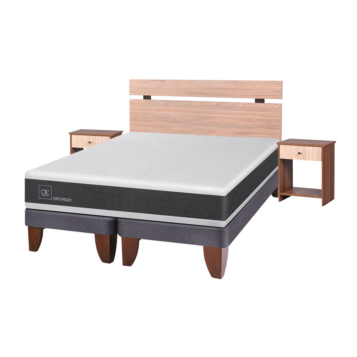 Cama Europea CIC Base Dividida 2 Plazas Ortopedic + Respaldo + 2 Veladores Olmo