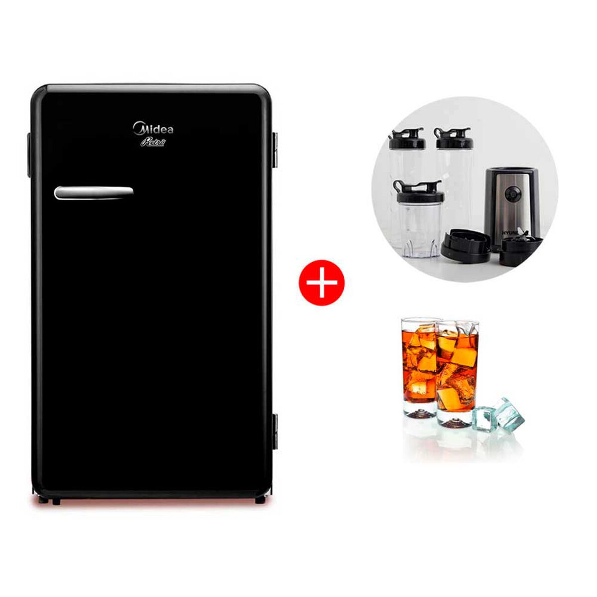 Combo Minibar Midea MDRD142FGE30 93 lts. Negro + Licuadora Sport Hyundai HY1050J 500 ml. + Set de 6 Vasos Trago Largo Cristar Vidrio Manhatan 450 ml