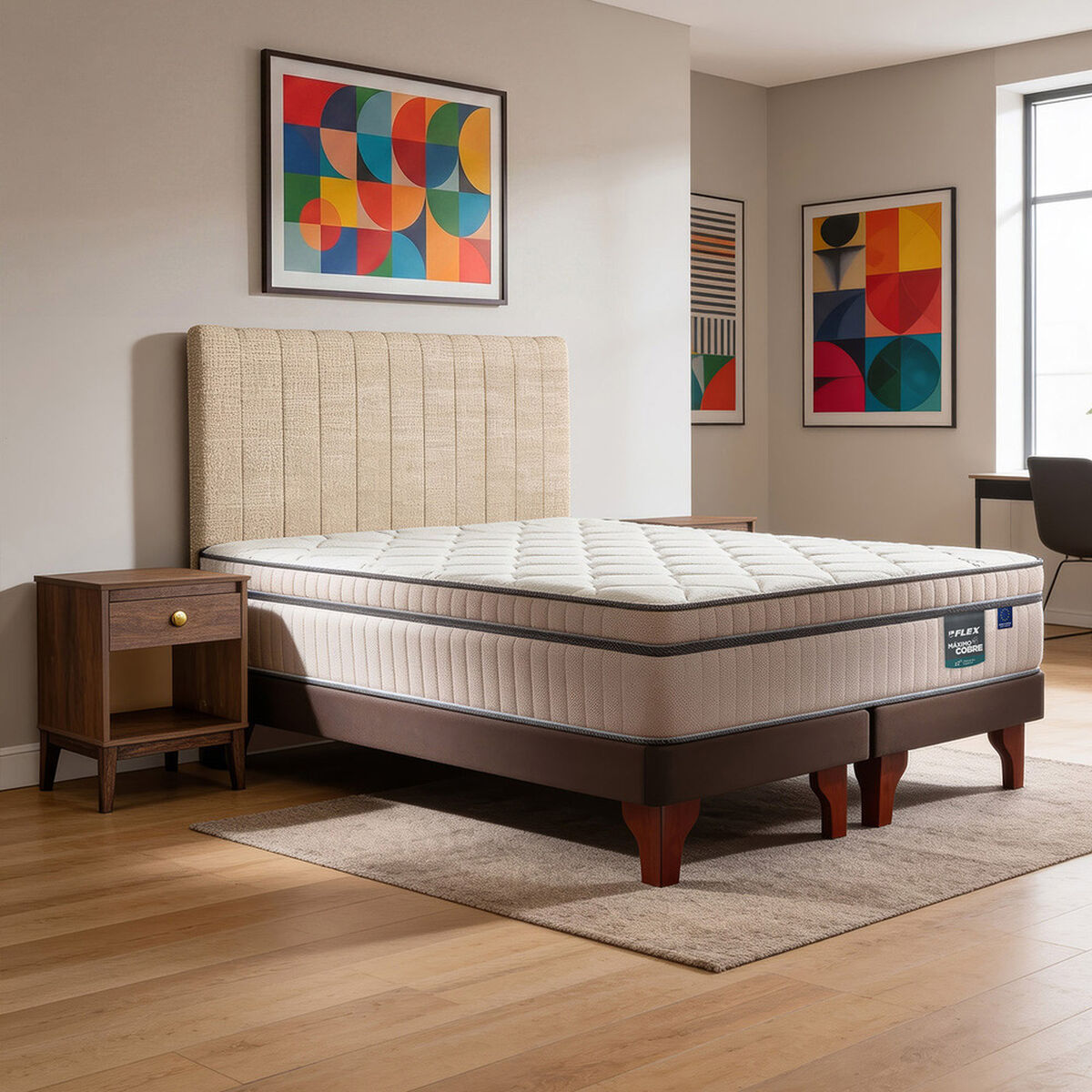 Cama Europea Flex Base Dividida 2 Plazas M&aacute;ximo Cobre  + Respaldo Tubular Beige + 2 Veladores Atenas