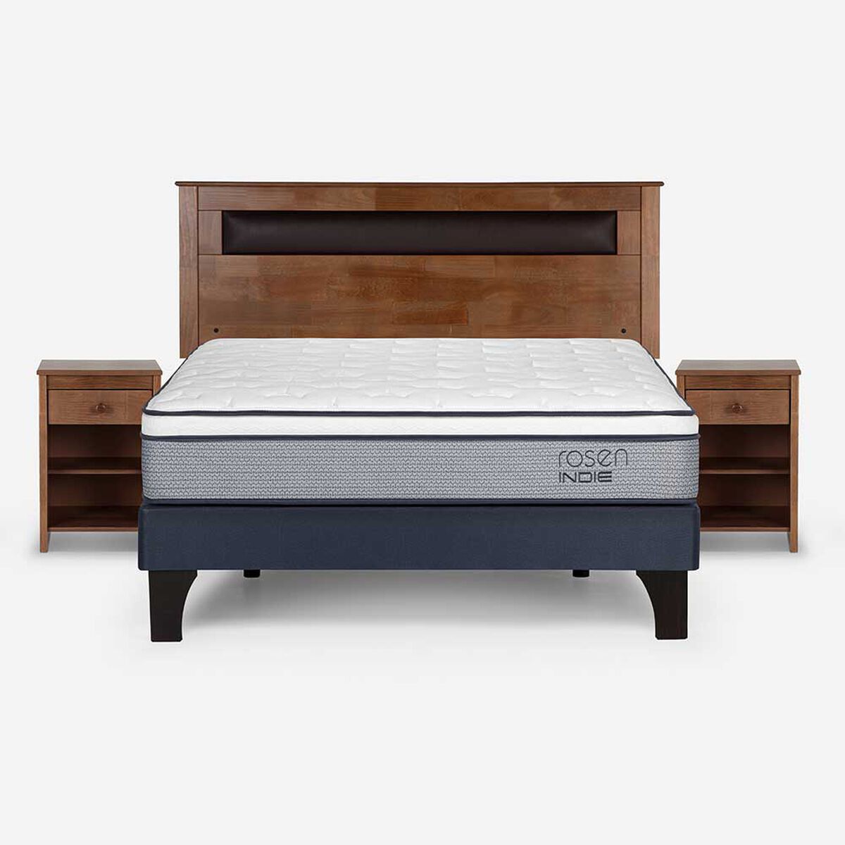 Cama Europea Rosen 2 Plazas Indie + Respaldo + 2 Veladores Ferrara