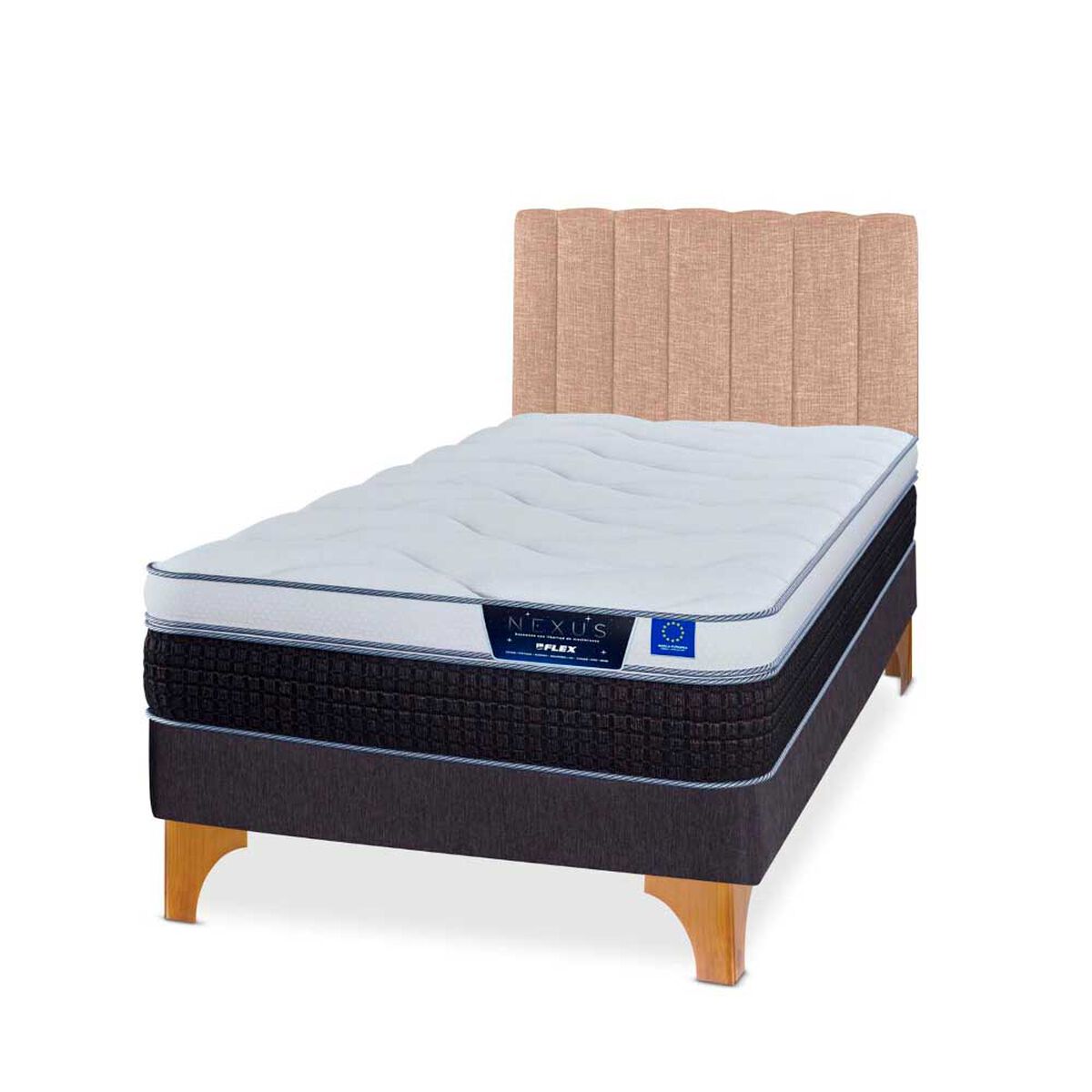 Cama Europea Flex 1,5 Plazas Nexus Box + Respaldo Tubular Beige