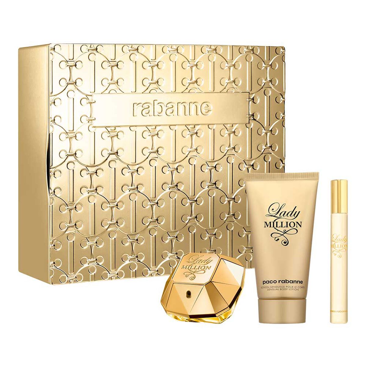 Set Perfume Paco Rabanne Lady Million 50 ML + Sensual Loción Corporal 75 ML + Eau de Parfum 10 ML