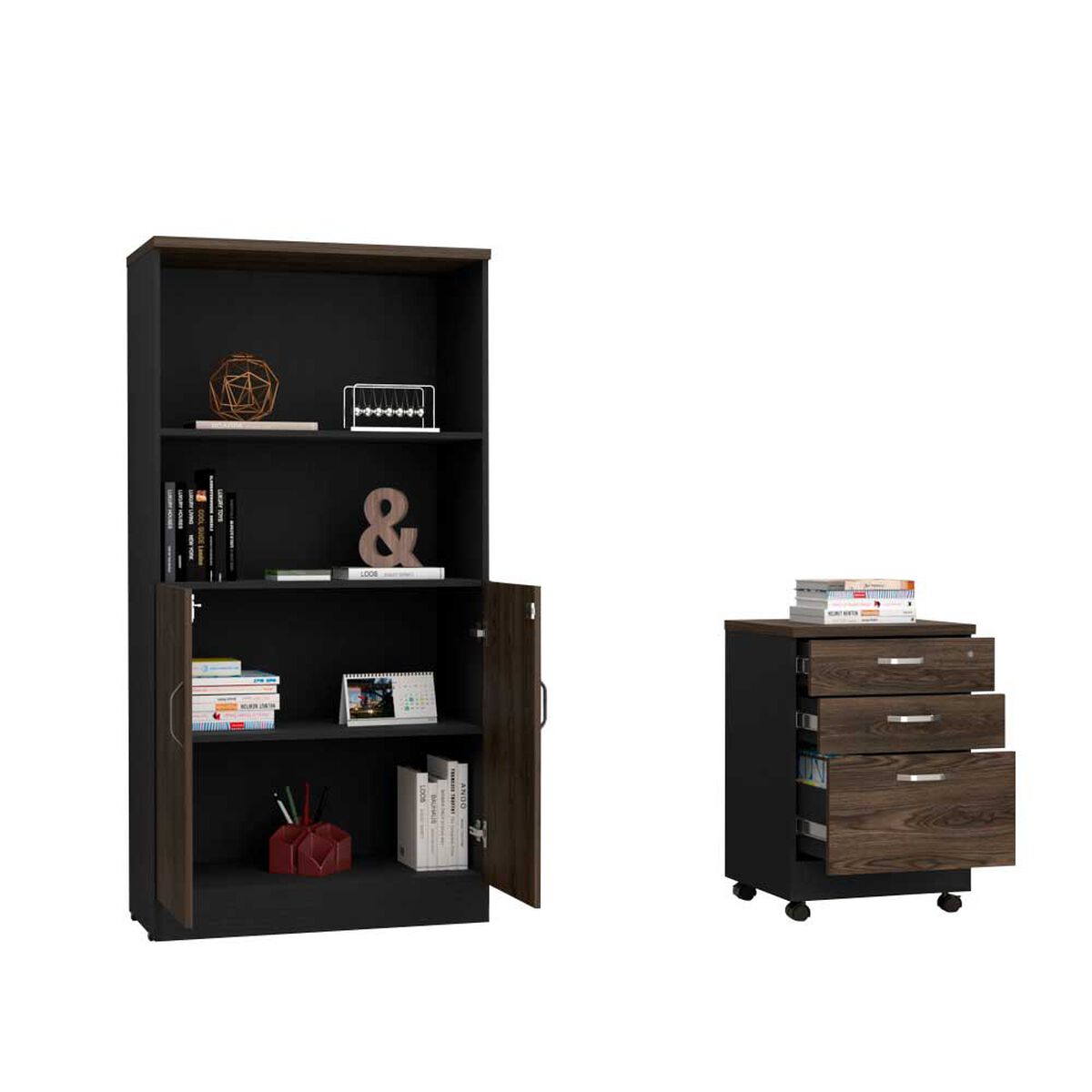 Combo Archivador 3 Cajones + Biblioteca 2 Puertas TuHome Home Office Negro Soft-Coñac