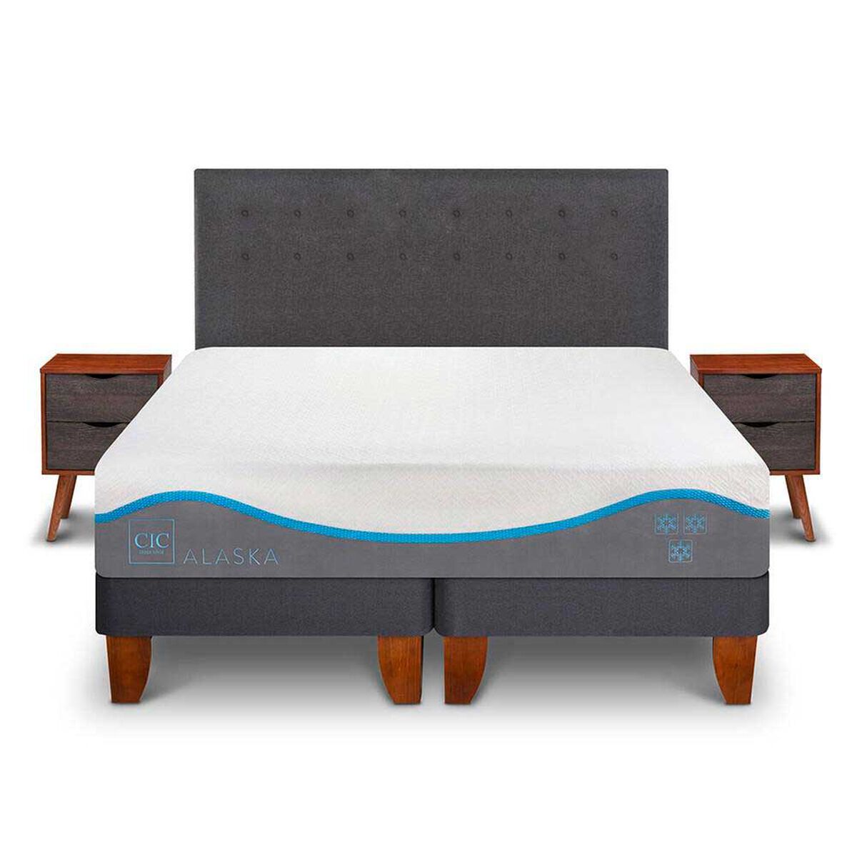 Cama Europea CIC Base Dividida King Alaska + Respaldo + 2 Veladores