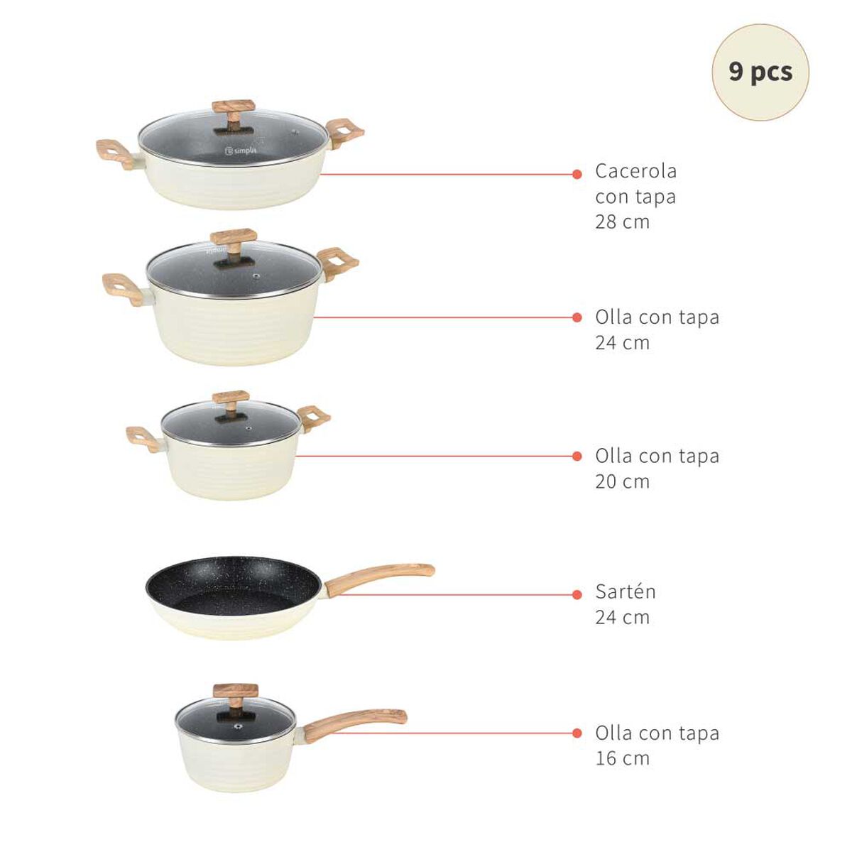 Batería de Cocina Aluminio Forjado Simplit Savannah 9 Piezas Crema