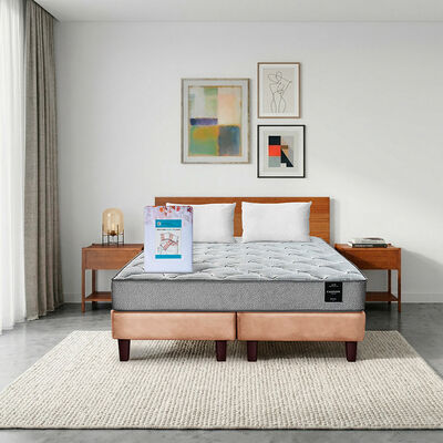 Combo Cama Europea Latam Home 2 Plazas Cannon BD Tela Beige + Textil + Respaldo + 2 Veladores Orion