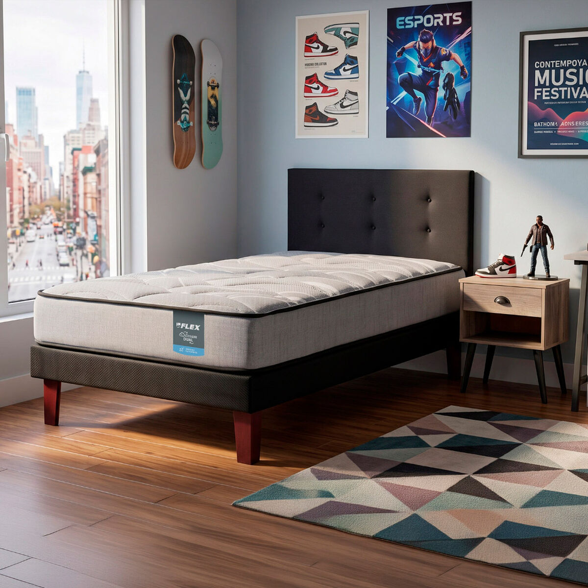 Cama Europea Flex 1,5 Plazas Dream Dual + Respaldo Royal Negro + Velador Rock