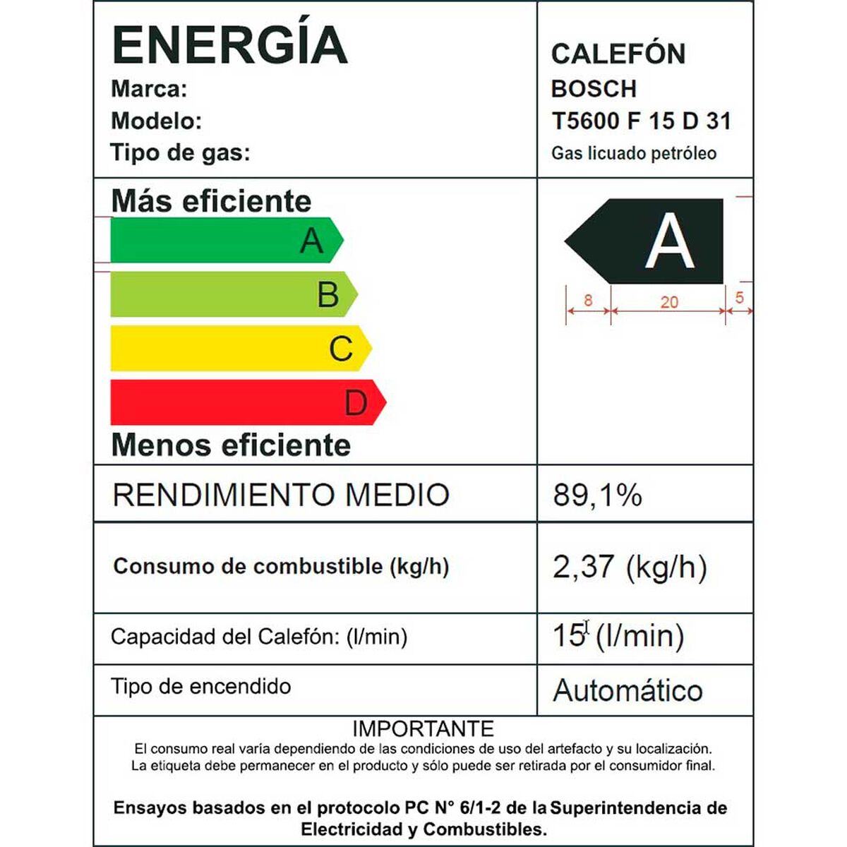 Calef&oacute;n 15 litros gas licuado tiro forzado Junkers Bosch Therm 5600 F