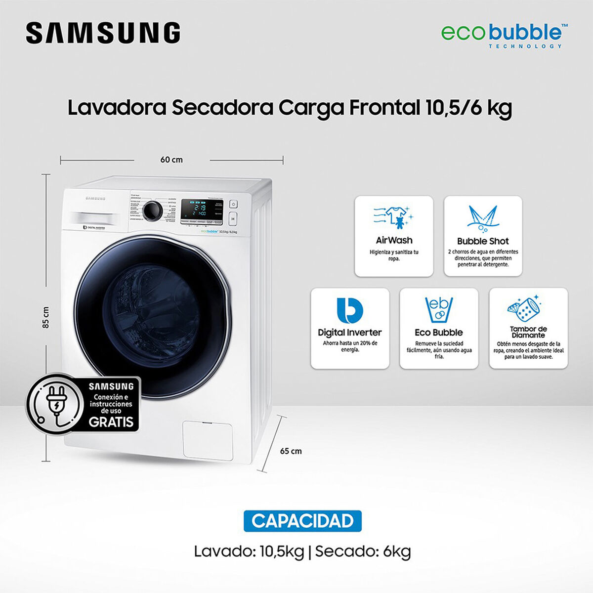 Lavadora Secadora Samsung WD10J6410AW/ZS 10,5/6 kg.