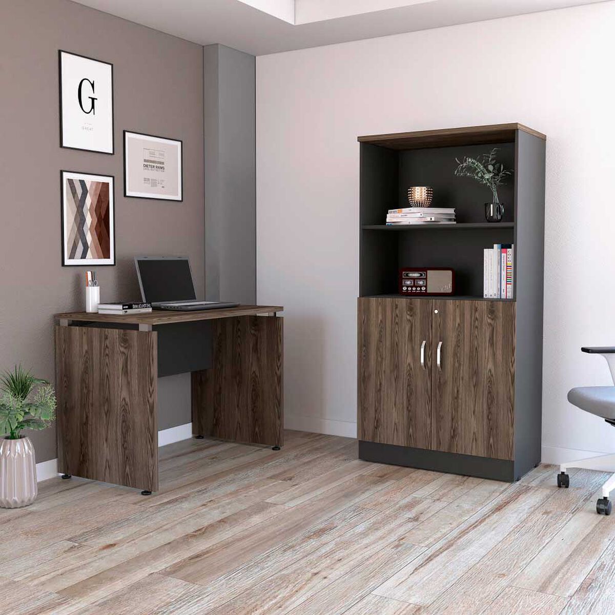 Combo Escritotio + Biblioteca 2 Puertas TuHome Home Office Negro Soft-Co&ntilde;ac
