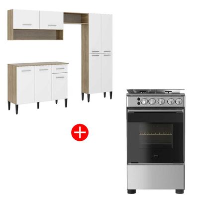 Combo Mueble de Cocina Roca Arizona 1 Cajón 9 Puertas Blanco + Cocina a Gas Midea MCG-4QSG20NS 4 Quemadores