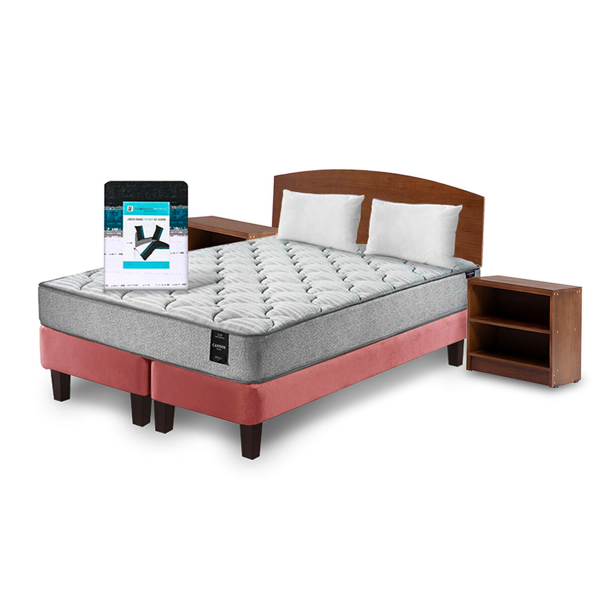 Combo Cama Europea Latam Home 2 Plazas Cannon BD Tela Palo Rosa + Textil + Respaldo + 2 Veladores Atlas