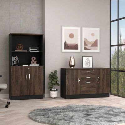 TUHOME Combo Gabinete 2 Puertas + Biblioteca 2 Puertas TuHome Home Office Negro Soft-Coñac