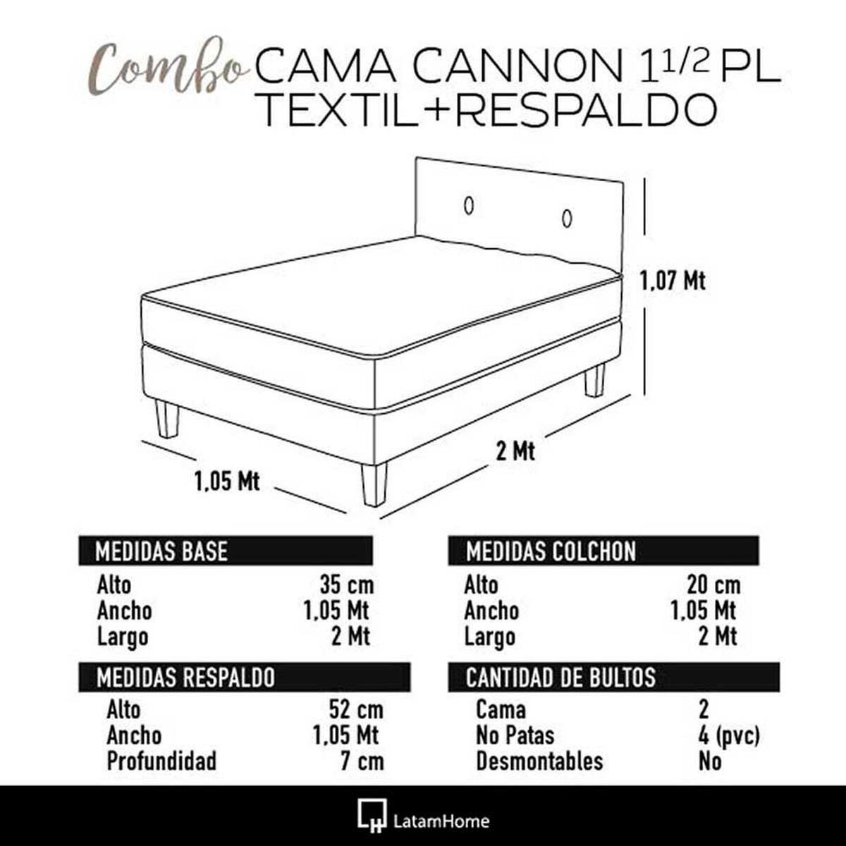 Cama Europea Latam Home 1,5 Plazas Cannon Gris