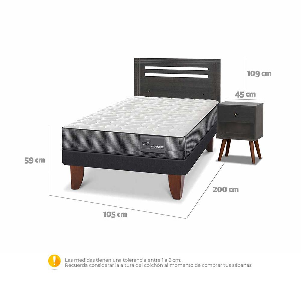 Cama Europea CIC 1,5 Plazas Anatomic + Respaldo + Velador Munich