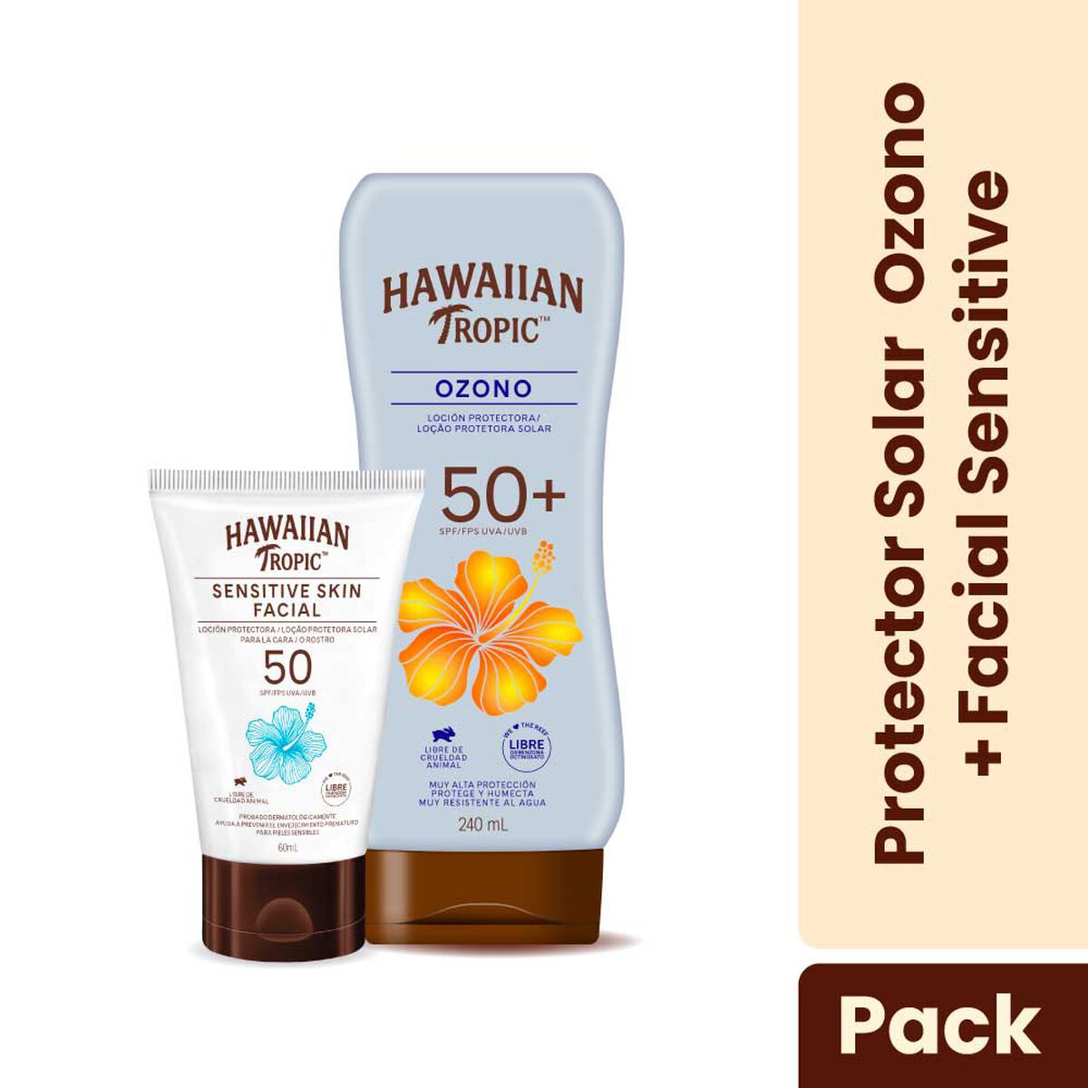 Set Protector Solar Hawaiian  Tropic  Ozono 240 ml + Sensitive Facial 60 ml
