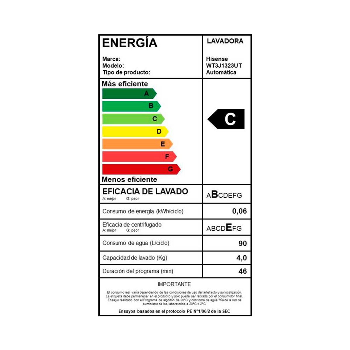 Lavadora Automática Hisense WT3J1323UT 13 kg.