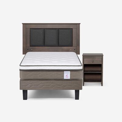 Cama Europea Rosen 1,5 Plazas New style 6 + Respaldo Rachel Gris + Velador