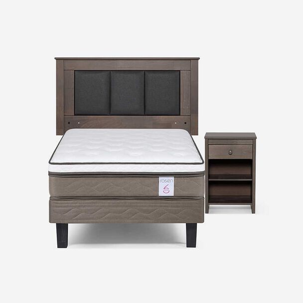Cama Europea Rosen 1,5 Plazas New style 6 + Respaldo Rachel Gris + Velador