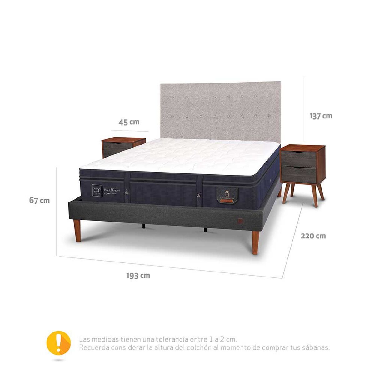 Cama Europea CIC King S&uacute;per Premium + Respaldo + Veladores